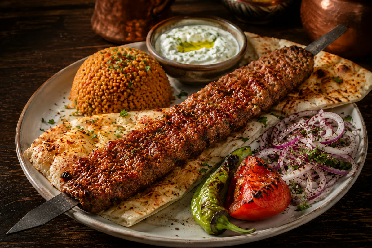 Adana Kebap mit Bulgur und Tzatziki im Restaurant Mozaik Heide